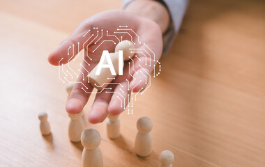 AI technology in business concept, Customer Relationship Management, Executive's select Human Resource Businessman with wooden people ai working together or Hr choosing people with ai knowledge