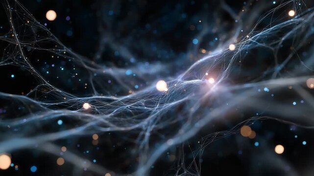 A blue and orange lighted string of lights. Closeup conceptual illustration of gut area glowing with neural web like brain neurons,enteric nervous system, dark sci-tech background