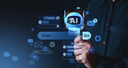 Futuristic chatbot interface with AI magnifier and digital icons concept on dark blue tech background showing innovation in communication systems.