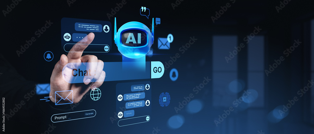 Poster futuristic chatbot interface with ai communication icons and human finger interaction on digital scr