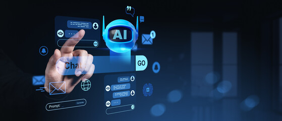Futuristic chatbot interface with AI communication icons and human finger interaction on digital...