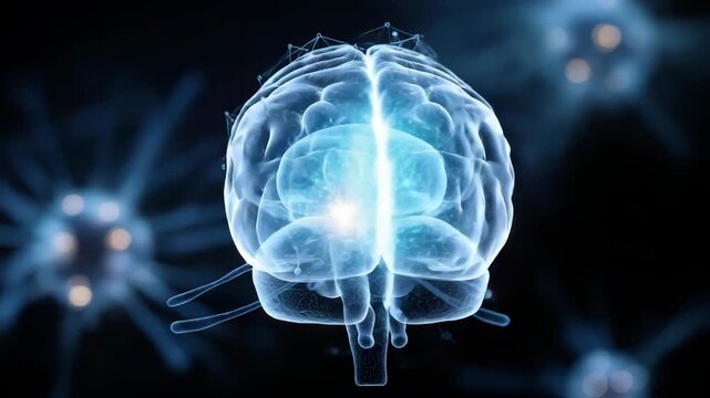 A brain with a lot of lines and dots surrounding it. The brain is blue. Conceptual double exposure of glowing bacteria particles with brain silhouette overlay, gut brain axis, dark blue sci-tech style