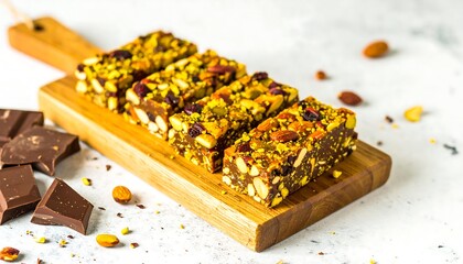 Assorted nuts and dried fruit energy bars are arranged on a light-colored wooden cutting board, alongside pieces of dark chocolate.