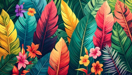 Vibrant tropical leaves and flowers create a bold and colorful design.