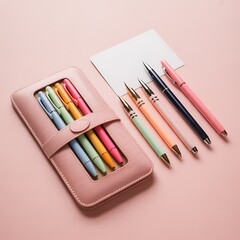 Naklejka premium Collection of colorful pens in a pink leather case with a blank card