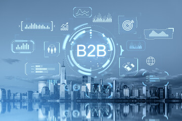 B2B digital business concept with data analytics icons over New York City skyline and Manhattan skyscrapers reflecting in water under cloudy sky.