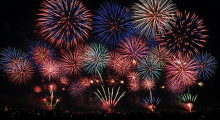 Fototapeta premium Night Sky Fireworks Display, Vibrant Colorful Explosions