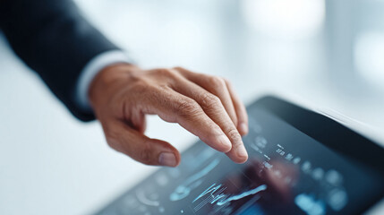 Closeup of a hand touching a tablet displaying financial data. Symbolizes analysis, modern business, technology, and datadriven decisions. Ideal for finance or corporate themes.