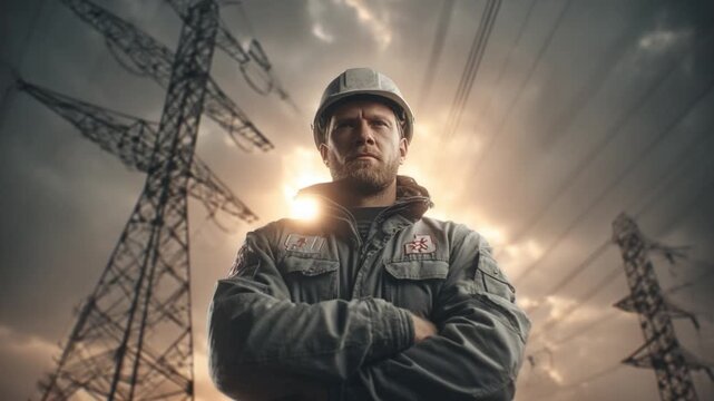 Electrical Power in Hand: A resolute electrical lineman, hands crossed, stands confidently before towering power lines, a symbol of expertise and dedication.