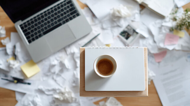 Overhead shot of a messy desk with laptop, crumpled paper, coffee and notepad. Represents creative process, brainstorming, or a busy workspace. - Powered by Adobe