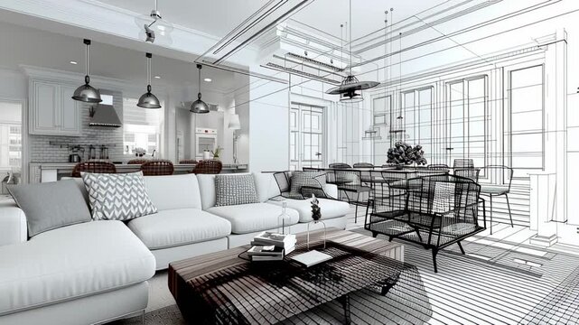 A modern living room and dining area are shown in a transitional state, moving from a skeletal wireframe to a fully furnished, detailed, and realistic interior design.