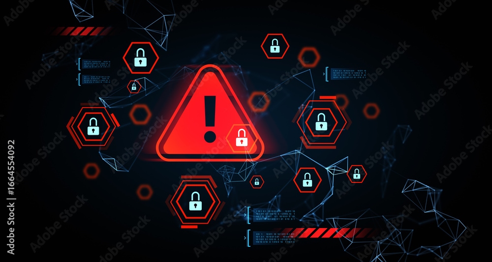 Poster cybersecurity warning symbol with digital padlocks and polygonal network connections on dark backgro