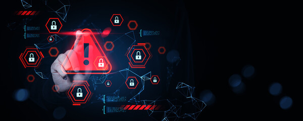 Cybersecurity breach warning with red alert symbol and security icons over digital interface concept on dark virtual background with human hand interaction.