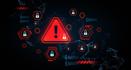 Cybersecurity warning symbol with digital padlocks and polygonal network connections on dark...