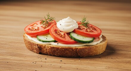 Delicious open-faced sandwich with fresh ingredients on wooden table