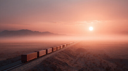 Fototapeta premium Cargo train at sunrise moving through vast, misty landscape. Represents supply chains, transportation, and global trade. Evokes feelings of solitude and progress.