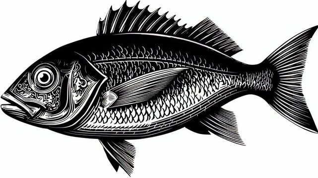 A black and white engraving of a side view of a freshwater fish. The vintage drawing shows the fins and scales with a detailed texture.