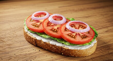 Delicious open-faced sandwich with fresh ingredients on wooden table