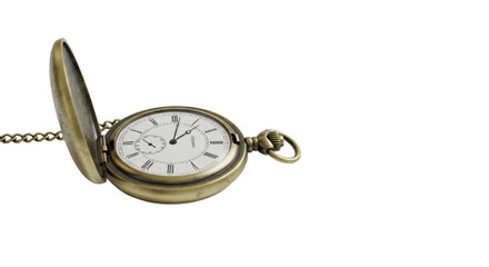 High-quality antique brass pocket watch, open, intricate mechanism visible, on pristine transparent studio background with negative space, perfectly lit, symbolizing strategic time management
