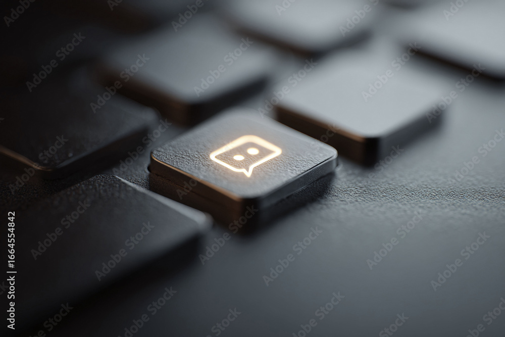 Poster closeup of a keyboard button with a glowing chat bubble icon. symbolizes communication, technology, 