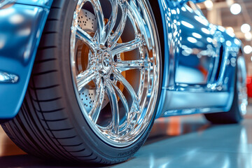 A chrome alloy wheel gleams under showroom lights, highlighting its intricate design and tire tread during an automotive event