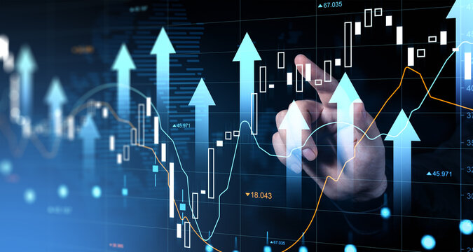 Businessman analyzing stock market growth with digital financial chart and upward arrows showing investment success concept on blue background. - Powered by Adobe
