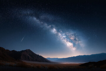 Majestic Milky Way stretches across a vast night sky, illuminating a serene desert landscape with distant mountains. A shooting star adds magic. Ideal for travel, wonder, or adventure concepts.