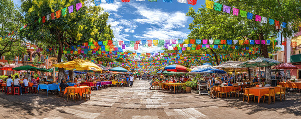 Fototapeta premium Vibrant outdoor marketplace with colorful decorations and tables under the trees. Represents cultural celebration, tourism, food, and festive atmosphere. Great for travel ads.