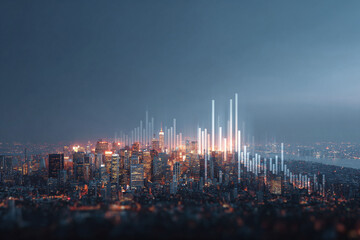 A vibrant cityscape at night overlaid with financial data. Perfect for illustrating growth, investment, and economic trends in a modern, techforward style.