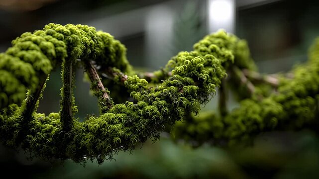 A creative depiction of a double helix DNA strand covered in vibrant green moss and foliage, symbolizing the connection between genetics, nature, and organic life.