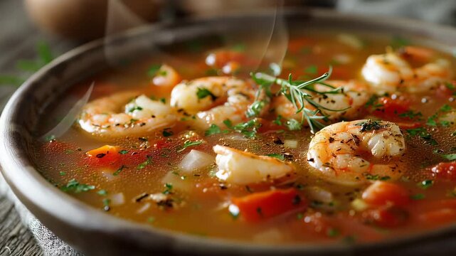 A close-up of a rustic bowl of hot, delicious seafood chowder with large shrimp and fresh herbs. The steam rising from the soup creates a cozy, appetizing, and inviting atmosphere.