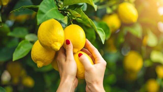 Hands gently holding lemons on a tree, sunlight dappling through leaves