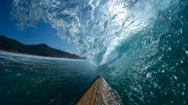 A surfer's perspective inside a powerful, crystal clear ocean wave under a sunny sky