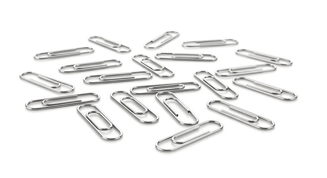 Scattered Silver Paper Clips on White Background - Office Equipment - Powered by Adobe