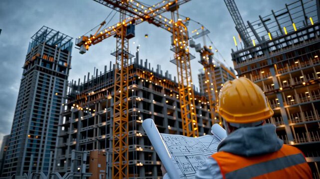 A construction worker in a hard hat and safety vest holds blueprints, studying the documents at a busy building site with cranes and high-rise structures in the evening.