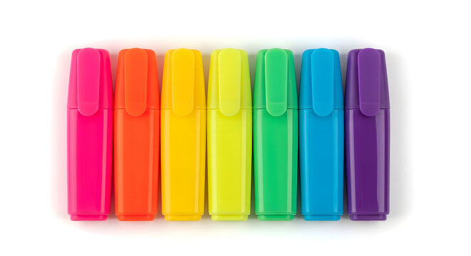 Brightly Colored Highlighters in a Row on White Background