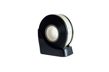 Black electrical tape roll in holder on white, transparent background