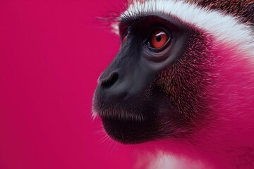Obraz premium Primer plano de un lémur de vientre rojo con una mirada intensa sobre un fondo magenta.