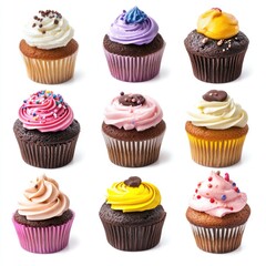 Nine colorful cupcakes, various frosting and sprinkles (1)