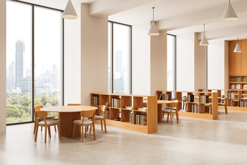 Modern library interior with wooden furniture, large windows, and minimalist design overlooking a...