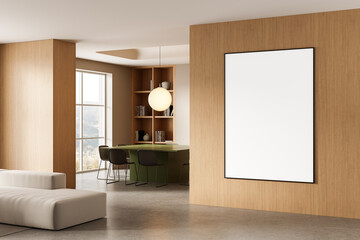 Modern interior with wooden wall featuring large blank poster mockup in stylish dining room with minimalist furniture and soft lighting.. 3D Rendering