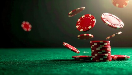 Red poker chips are scattered and stacked on a green felt gaming table, creating an exciting gambling atmosphere.