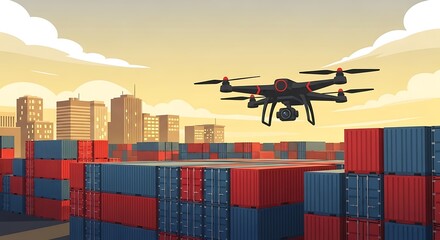 Drone surveillance over a port area, monitoring shipping containers in a dynamic industrial