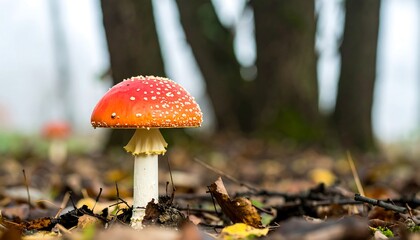 A vibrant red and white fly agaric mushroom stands tall in a bed of autumn leaves, showcasing a beautiful contrast against the soft, out-of-focus forest background.