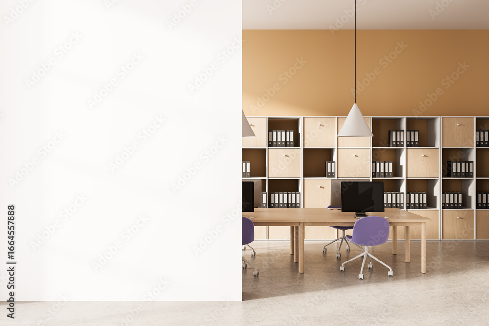 Poster minimalist office interior with large blank wall mockup template next to modern workspace and shelve