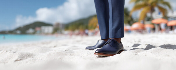 A man in stylish shoes and suit pants stands on a pristine beach. This symbolizes blending business with leisure, representing success and relaxed elegance in a tropical setting.