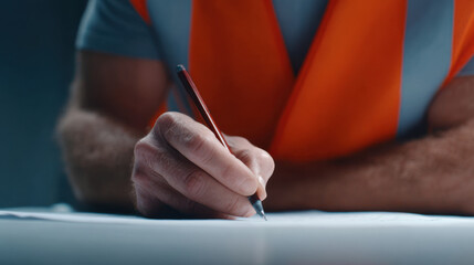 Construction worker in orange safety vest writing on paper with pen, focused on task in industrial environment