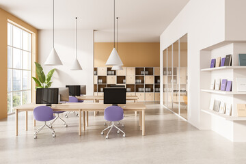 Modern open office interior with minimalist decor, wooden desks, purple chairs, and natural lighting in a bright and clean design workspace. 3D Rendering