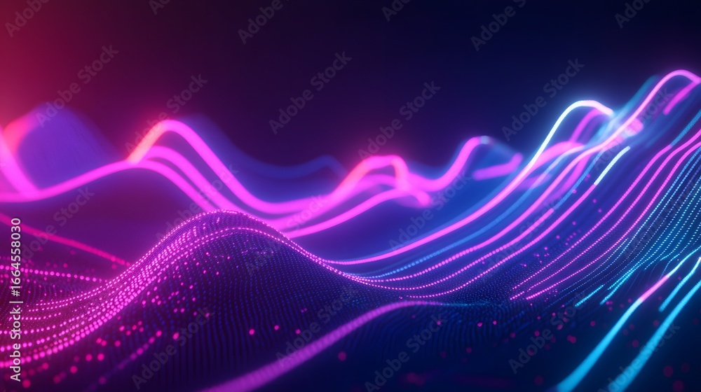Poster a vibrant, dynamic display of glowing, neon-hued lines and points creating a futuristic, undulating 