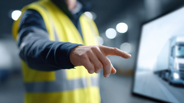 Male engineer in safety vest pointing at large screen with truck image, showing focus and professionalism in warehouse environment